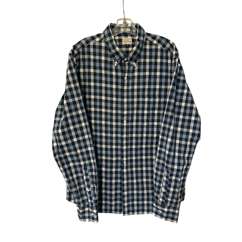 J Crew Mens Button Down Shirt Blue White Check Gingham Long Sleeve Cotton Size L